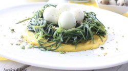 Agretti con salsa allo zafferano ovette di quaglia e pistacchi (10)