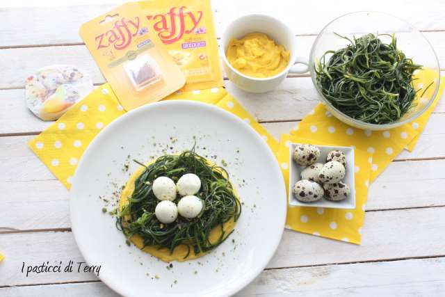 Agretti con salsa allo zafferano ovette di quaglia e pistacchi (2)