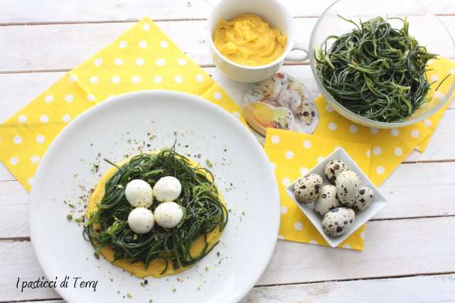 Agretti con salsa allo zafferano ovette di quaglia e pistacchi (9)