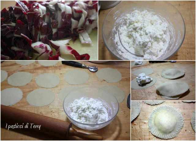 Cappelli di pasta ai formaggi con radicchio e noci